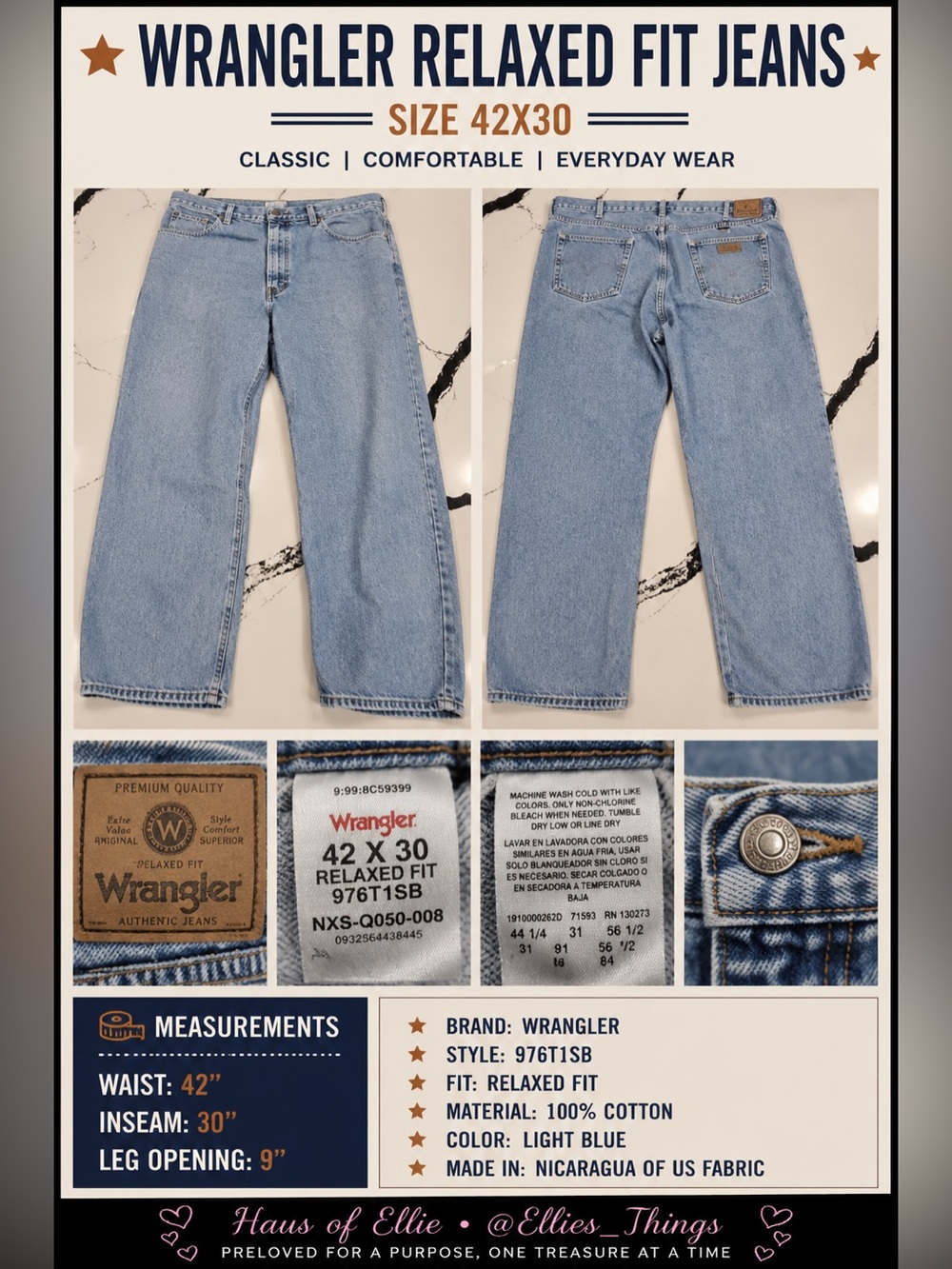Wrangler Relaxed Fit Jeans 42x30 Light Wash Denim 100% Cotton